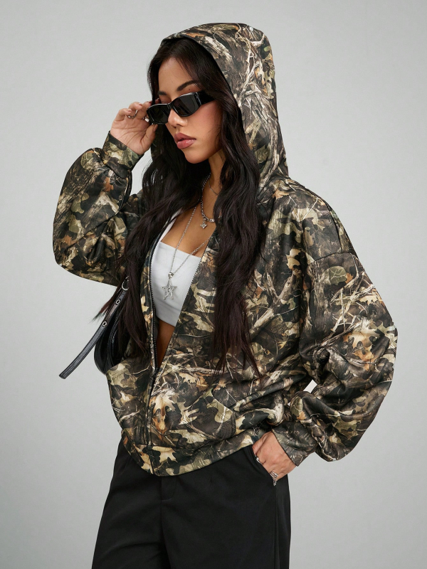 Cardigan cu imprimeu camuflaj, fermoar, mâneci lungi, 70-80% poliester