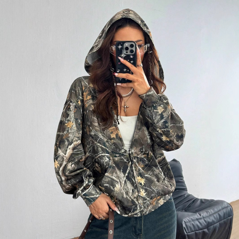 Cardigan cu imprimeu camuflaj, fermoar, mâneci lungi, 70-80% poliester