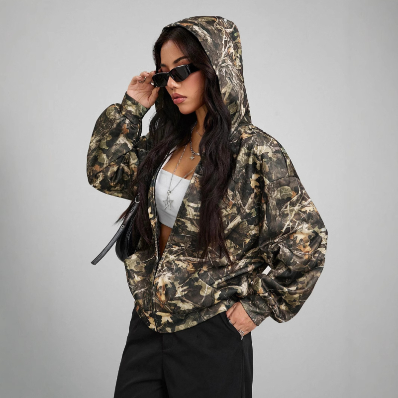 Cardigan cu imprimeu camuflaj, fermoar, mâneci lungi, 70-80% poliester