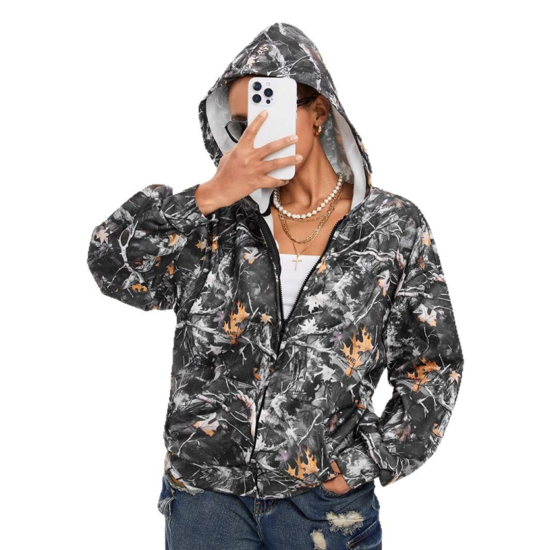 Cardigan cu imprimeu camuflaj, fermoar, mâneci lungi, 70-80% poliester