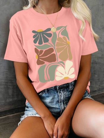 Μπλουζάκι από πολυεστέρα με φλοράλ τύπωμα, κοντά μανίκια, στρογγυλή λαιμόκοψη, κανονική γραμμή