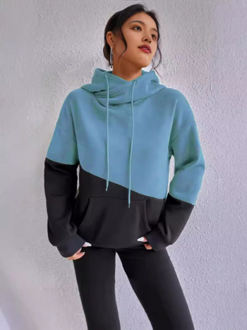 Φούτερ με κουκούλα, color-block ραφή, τσέπη καγκουρο, κορδόνι, άνετη γραμμή, πολυεστέρας