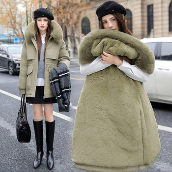 Γυναικεία Parka με Κουκούλα, Γέμισμα Down-Cotton, Fleece Επένδυση, Γούνα Κουνελιού στον Γιακά, Φερμουάρ Κλείσιμο, Slim Fit