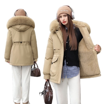 Γυναικεία Parka με Κουκούλα, Γέμισμα Down-Cotton, Fleece Επένδυση, Γούνα Κουνελιού στον Γιακά, Φερμουάρ Κλείσιμο, Slim Fit