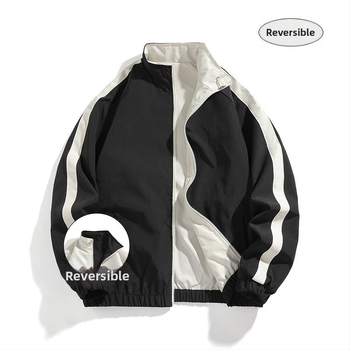 Ανδρικό διπλής όψεως εξωτερικό μπουφάν – ριγέ μοτίβο, στάσιμος γιακάς, χαλαρή γραμμή, λινό ύφασμα, αντιβακτηριακό