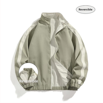 Ανδρικό διπλής όψεως εξωτερικό μπουφάν – ριγέ μοτίβο, στάσιμος γιακάς, χαλαρή γραμμή, λινό ύφασμα, αντιβακτηριακό