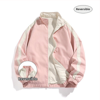 Ανδρικό διπλής όψεως εξωτερικό μπουφάν – ριγέ μοτίβο, στάσιμος γιακάς, χαλαρή γραμμή, λινό ύφασμα, αντιβακτηριακό