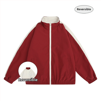 Ανδρικό διπλής όψεως εξωτερικό μπουφάν – ριγέ μοτίβο, στάσιμος γιακάς, χαλαρή γραμμή, λινό ύφασμα, αντιβακτηριακό