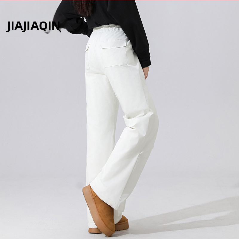 Дамски пухени карго панталони с права кройка, висока талия, 95% полиестерова материя, пълнеж бял патица пух