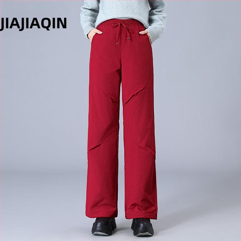 Дамски пухени карго панталони с права кройка, висока талия, 95% полиестерова материя, пълнеж бял патица пух