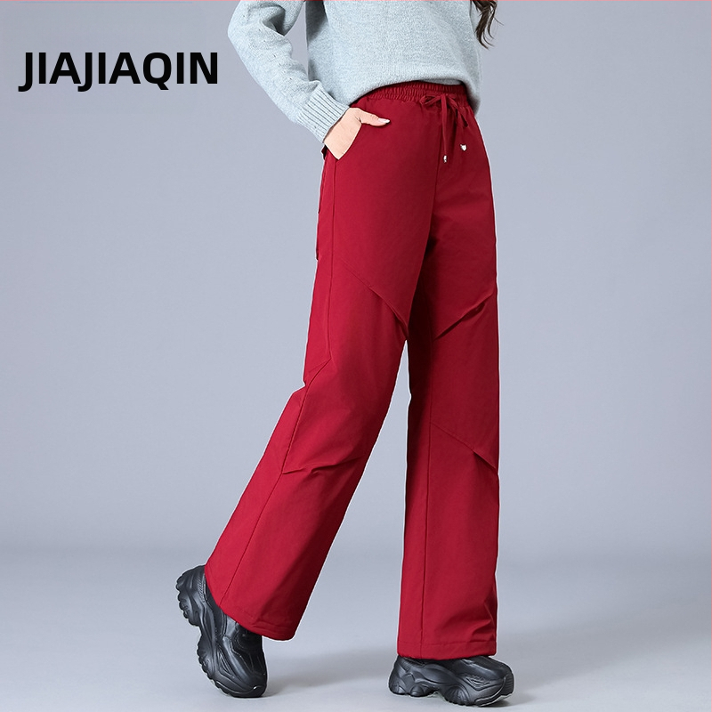 Pantaloni de iarnă pentru femei cargo, croială dreaptă, talie înaltă, țesătură 95% poliester, umplutură din puf de rață alb