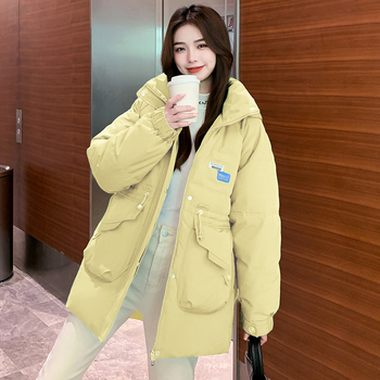 Γυναικείο μπουφάν με κουκούλα, μεσαίου μήκους, παχύ γέμισμα από βαμβάκι, φαρδιά γραμμή, φερμουάρ, μακριά μανίκια, πολυεστερικό εξωτερικό ύφασμα