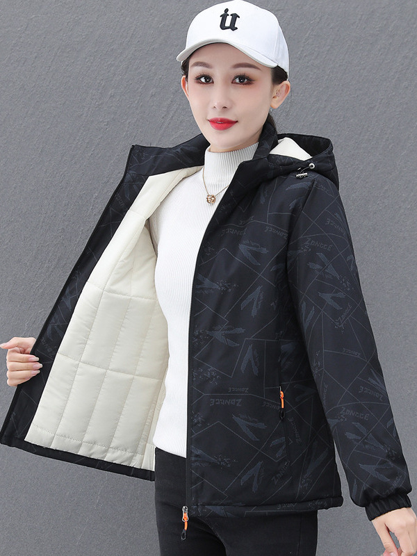 Moteriška storesnio pūko-paminkštintos striukės su gobtuvu, įprasto ilgio, užtrauktukas, poliesterio išorė