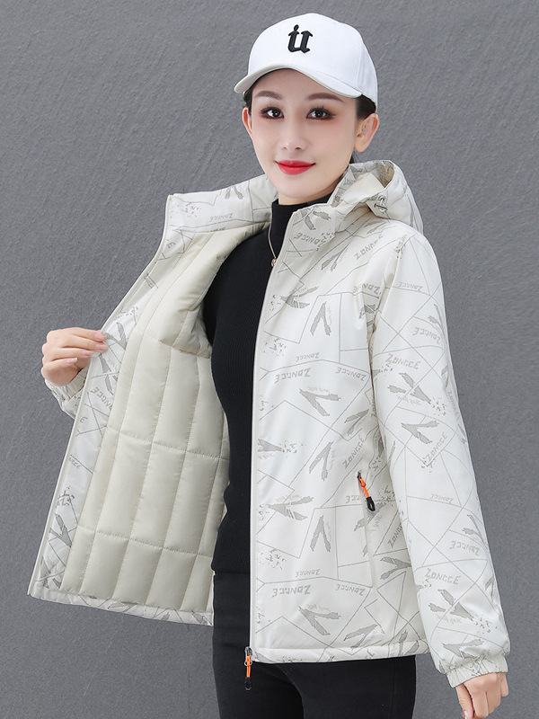 Moteriška storesnio pūko-paminkštintos striukės su gobtuvu, įprasto ilgio, užtrauktukas, poliesterio išorė