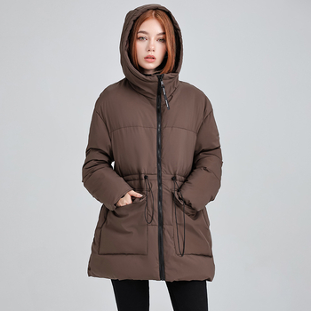 Γυναικείο μπουφάν με κουκούλα βαμβακοπληρωμένο – φαρδιά γραμμή, χειμωνιάτικο παχύ, φερμουάρ μπροστά, στάσιμος γιακά