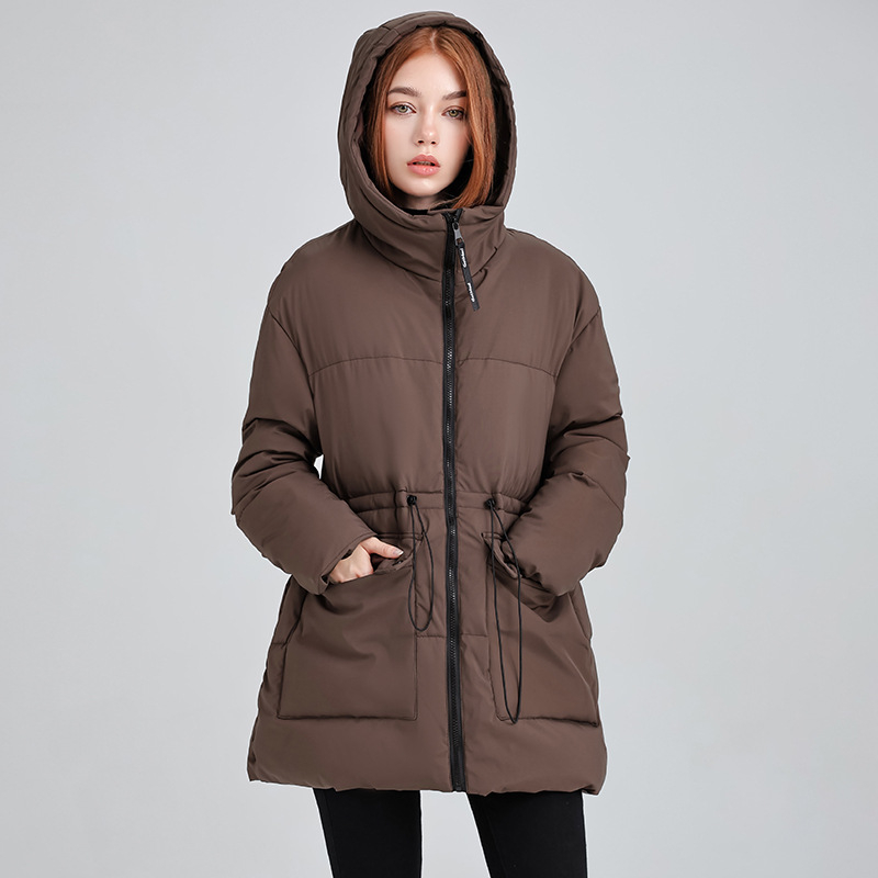 Moteriška pūkuota striukė su gobtuvu ir medvilniniu užpildymu – laisvas kirpimas, žieminis storas, užtrauktukas, stovintis kaklas