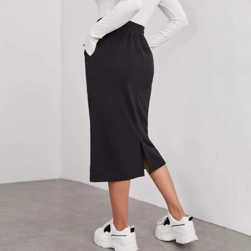Средно дълга пола с еластична талия, солиден модел, хип силует, полиестер-спандекс смес