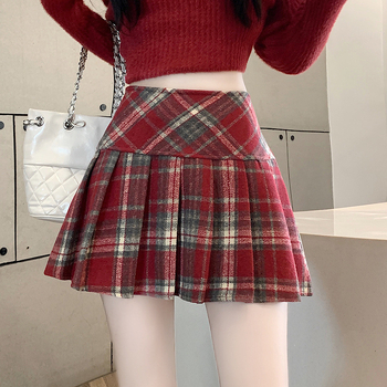 Καρό πλισέ κοντή φούστα από μαλλί/πολυεστέρα, με υψηλή μέση, αστικός στυλ.