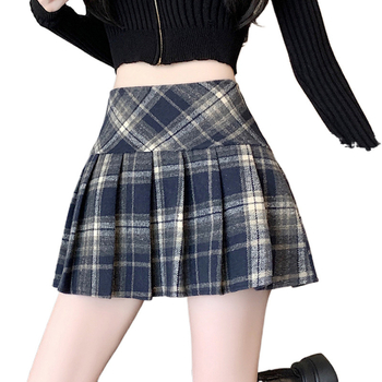 Καρό πλισέ κοντή φούστα από μαλλί/πολυεστέρα, με υψηλή μέση, αστικός στυλ.