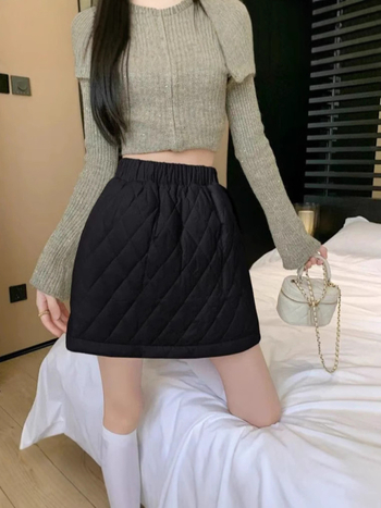Φούστα γραμμής Α, κοντή, με υψηλή μέση, πολυεστέρας, χειμώνας 2024, κορεατικό στυλ