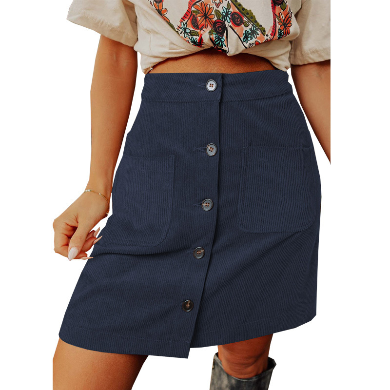 Fustă scurtă din corduroy, talie înaltă, nasturi în față, stil casual lejer