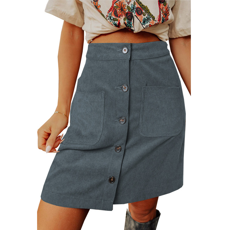 Fustă scurtă din corduroy, talie înaltă, nasturi în față, stil casual lejer
