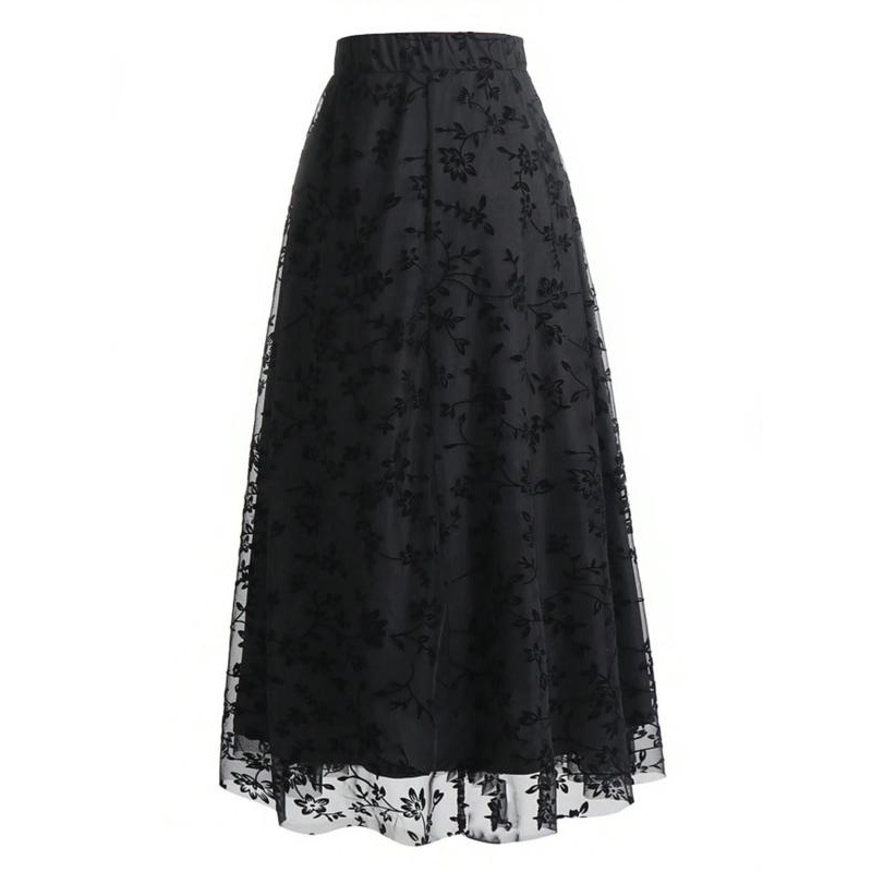 Дамска пола А-линия с флорална бродерия и контрастна мрежа, конопена тъкан, съдържание 51–70% коноп, печат/ боядисване, Есен 2022