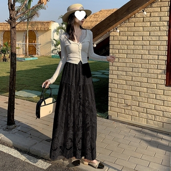 Φούστα με κέντημα, στιλ πατσγουορκ, μονόχρωμο σχέδιο, ύφασμα πολυεστέρα (95%+), μακρύ μήκος