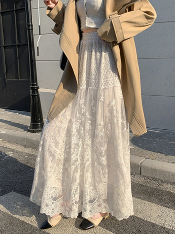 Φούστα με κέντημα, στιλ πατσγουορκ, μονόχρωμο σχέδιο, ύφασμα πολυεστέρα (95%+), μακρύ μήκος