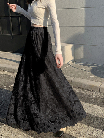 Φούστα με κέντημα, στιλ πατσγουορκ, μονόχρωμο σχέδιο, ύφασμα πολυεστέρα (95%+), μακρύ μήκος