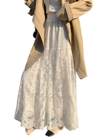 Φούστα με κέντημα, στιλ πατσγουορκ, μονόχρωμο σχέδιο, ύφασμα πολυεστέρα (95%+), μακρύ μήκος