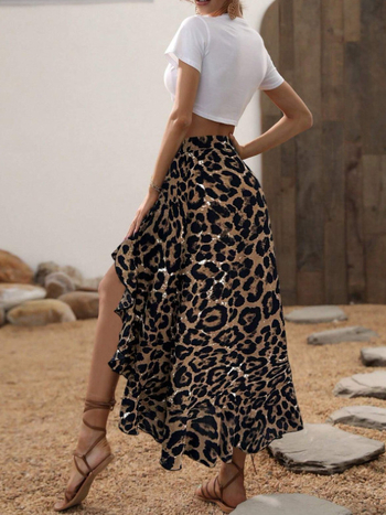 Γυναικεία φούστα με ακανόνιστο τελείωμα, λεοπάρ μοτίβο, μεσαίου μήκους, στυλ street hipster, πολυεστέρας με σπάντεξ