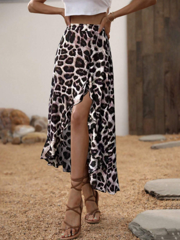 Γυναικεία φούστα με ακανόνιστο τελείωμα, λεοπάρ μοτίβο, μεσαίου μήκους, στυλ street hipster, πολυεστέρας με σπάντεξ