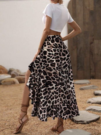 Γυναικεία φούστα με ακανόνιστο τελείωμα, λεοπάρ μοτίβο, μεσαίου μήκους, στυλ street hipster, πολυεστέρας με σπάντεξ