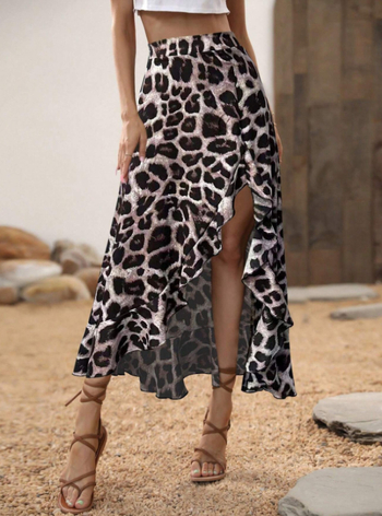 Γυναικεία φούστα με ακανόνιστο τελείωμα, λεοπάρ μοτίβο, μεσαίου μήκους, στυλ street hipster, πολυεστέρας με σπάντεξ