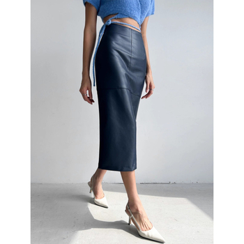Δερμάτινη φούστα σε γραμμή Α, μακριά, με υψηλή μέση, μονόχρωμο σχέδιο, εξωτερικό PU δέρμα, φόδρα PU 100%