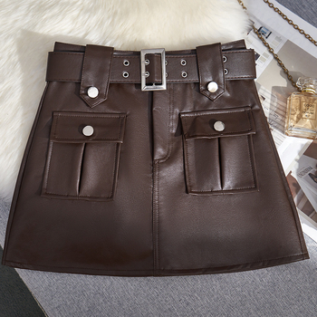 Φούστα με γραμμή Α από PU δέρμα, κοντή, με τσέπες, μικροελαστικότητα, φθινόπωρο 2023