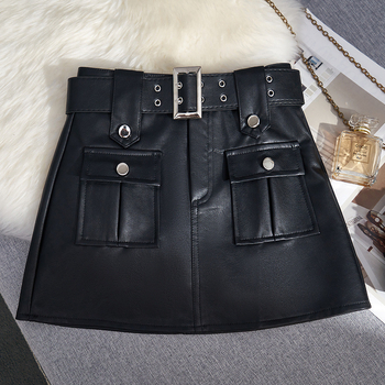 Φούστα με γραμμή Α από PU δέρμα, κοντή, με τσέπες, μικροελαστικότητα, φθινόπωρο 2023