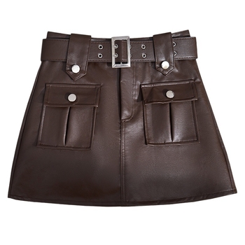 Φούστα με γραμμή Α από PU δέρμα, κοντή, με τσέπες, μικροελαστικότητα, φθινόπωρο 2023