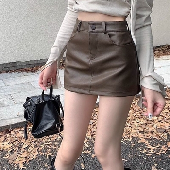Φούστα PU δέρμα με ψηλή μέση, Α-γραμμή μίνι, κοντή φούστα, περιεκτικότητα κύριας ύφανσης 70–80%, μικροελαστικότητα, άνοιξη 2024, γλυκό και πικάντικο στυλ