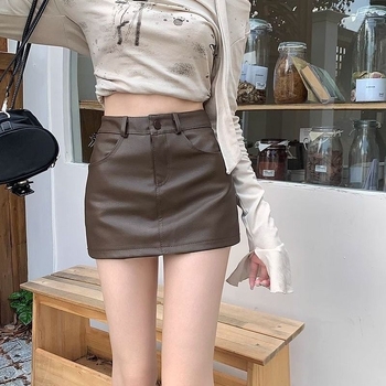 Φούστα PU δέρμα με ψηλή μέση, Α-γραμμή μίνι, κοντή φούστα, περιεκτικότητα κύριας ύφανσης 70–80%, μικροελαστικότητα, άνοιξη 2024, γλυκό και πικάντικο στυλ