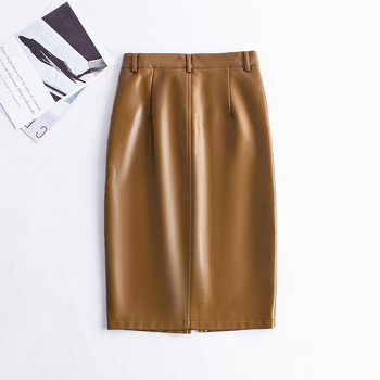 Φούστα PU δέρμα, εφαρμοστή γραμμή στους γοφούς, μεσαίου μήκους, μονόχρωμη, μικροελαστική, 95%+ κύριο υλικό