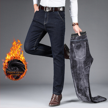 Мъжки дънки със стреч деним, флисови отвътре, права кройка, висока талия, зимна версия