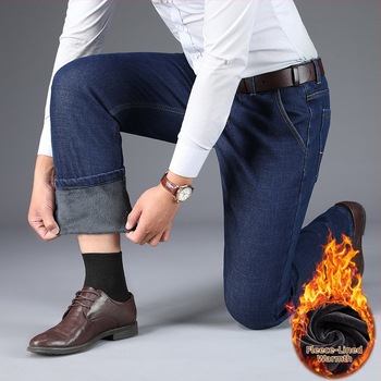 Мъжки дънки със стреч деним, флисови отвътре, права кройка, висока талия, зимна версия