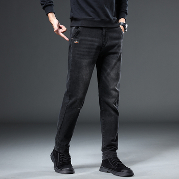 Деним джинси за мъже, прави крачоли, средна талия, цип, флисово вътрешно покритие