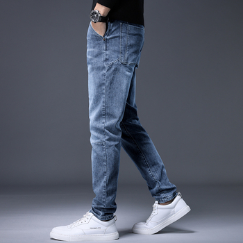 Деним джинси за мъже, прави крачоли, средна талия, цип, флисово вътрешно покритие