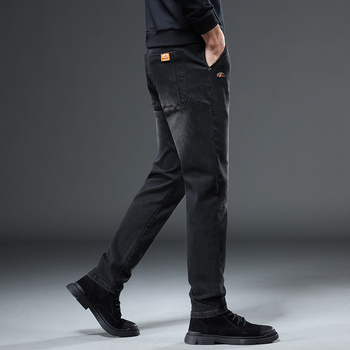 Деним джинси за мъже, прави крачоли, средна талия, цип, флисово вътрешно покритие