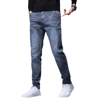 Деним джинси за мъже, прави крачоли, средна талия, цип, флисово вътрешно покритие