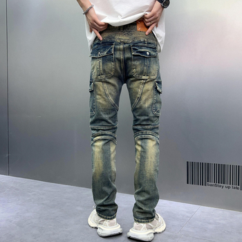 Мъжки дънки от деним, Slim-Fit, със средна талия, с множество джобове, каменно изпирани