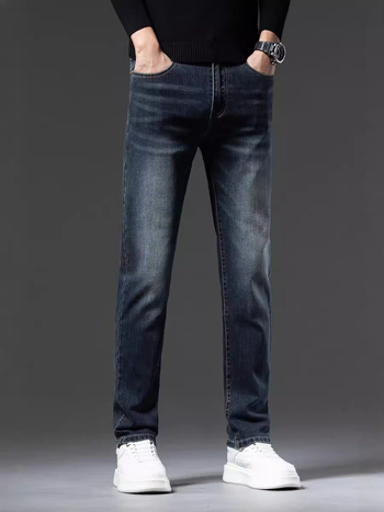 Мъжки дънки: средна талия, деним с високо съдържание на памук, тапериран прав крак, измит, мерцеризиран
